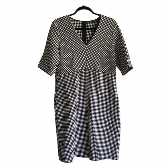 LUISA CERANO Checked Fitted Gingham Dress V-Neck Knee Length Black White 14 - Picture 6 of 13